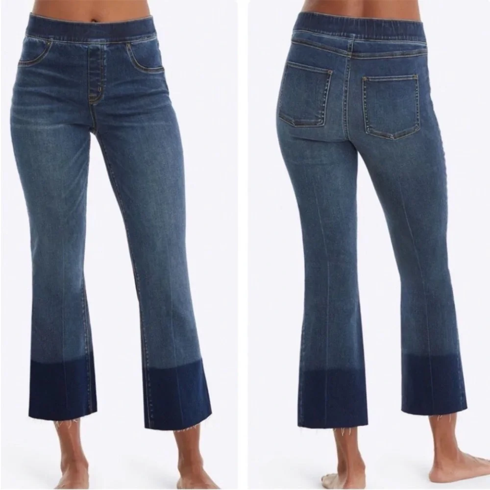 Spanx Cropped Flare Medium Wash Raw Hem Women's Blue Jeans‎ Size M
